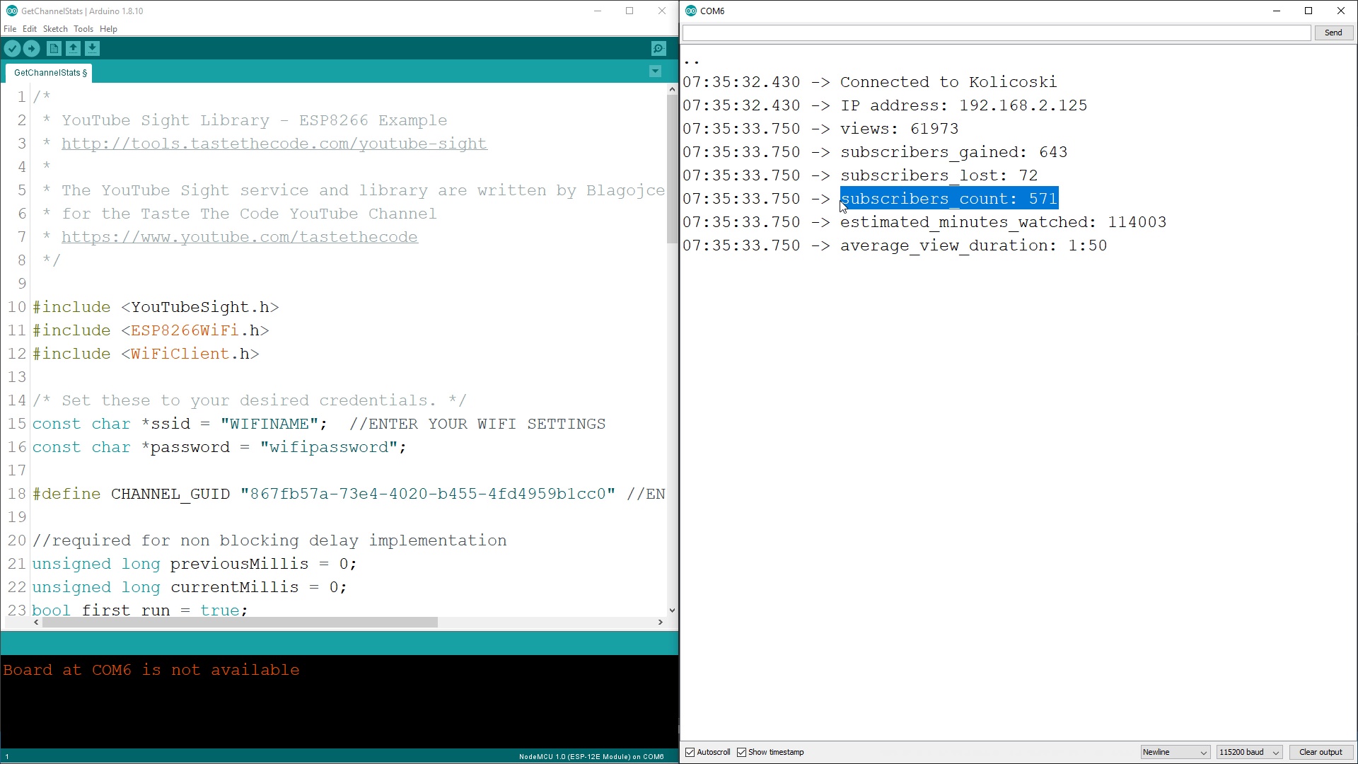 Results returned from ESP8266 NodeMCU board with the YouTube Sight library.
