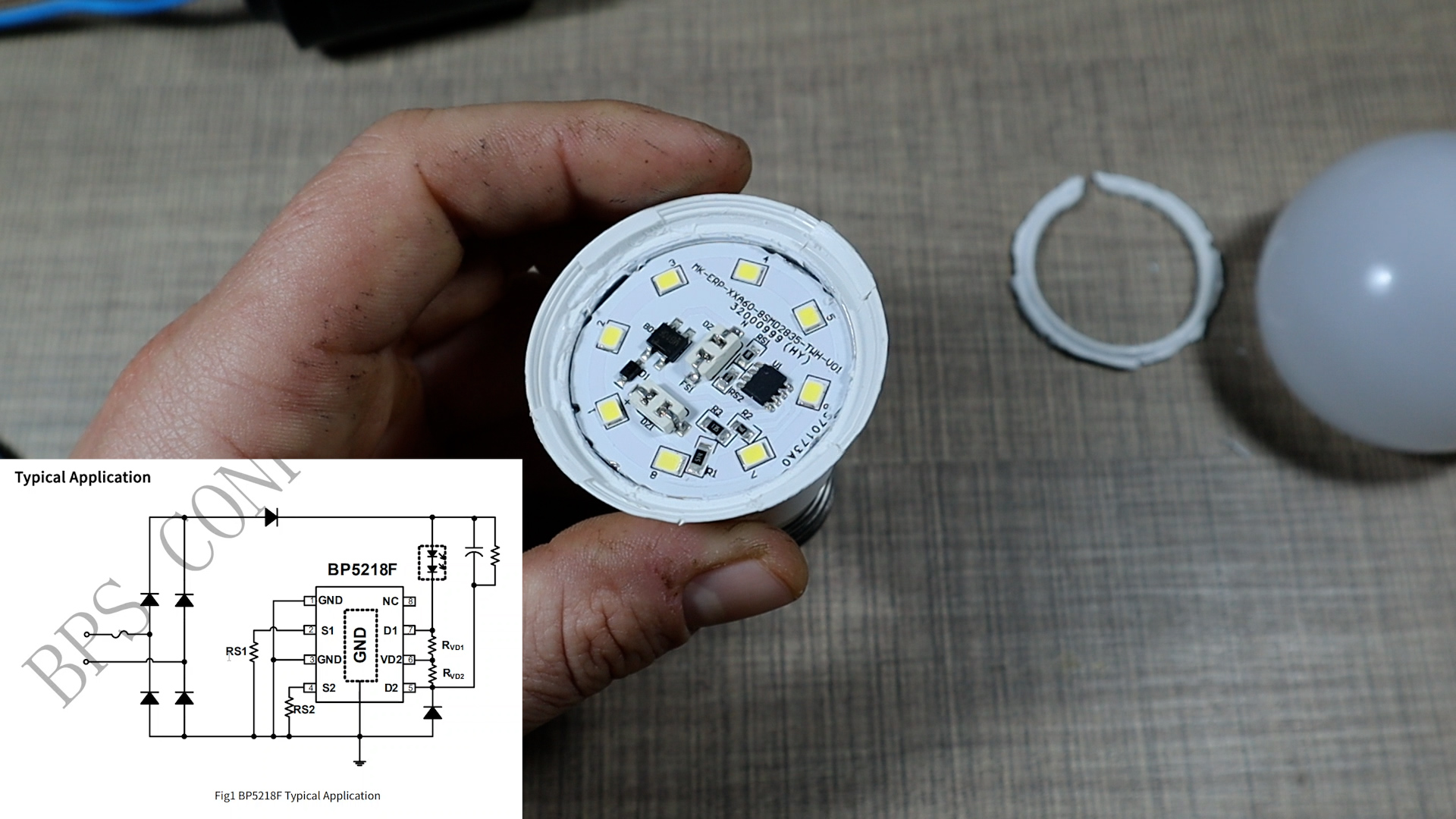 Light bulb PCB with its circuit diagram.