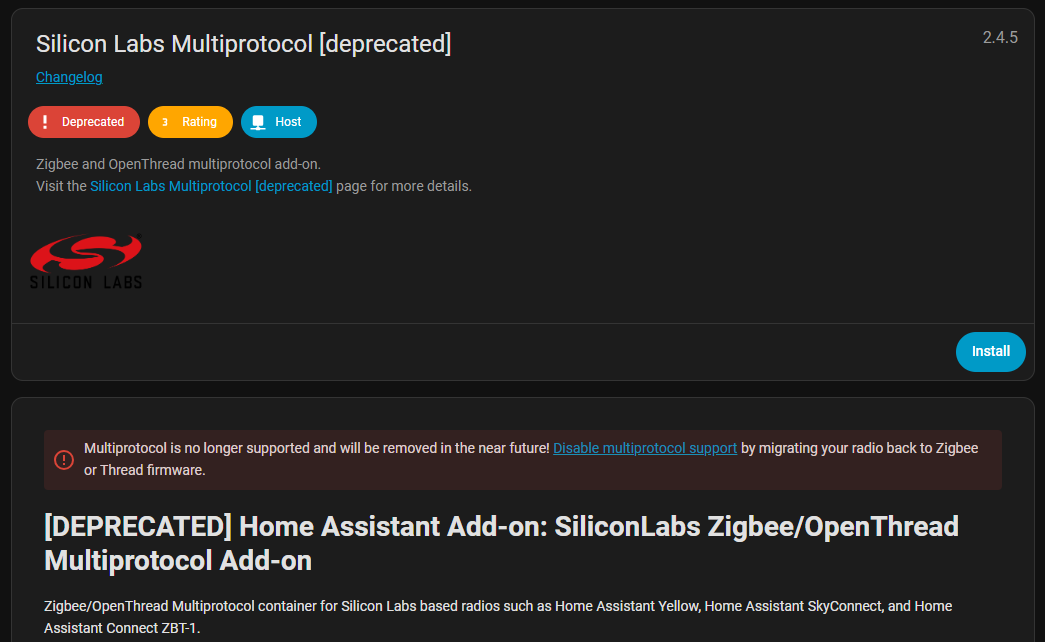 Deprecated multi-protocol addon in Home Assistant