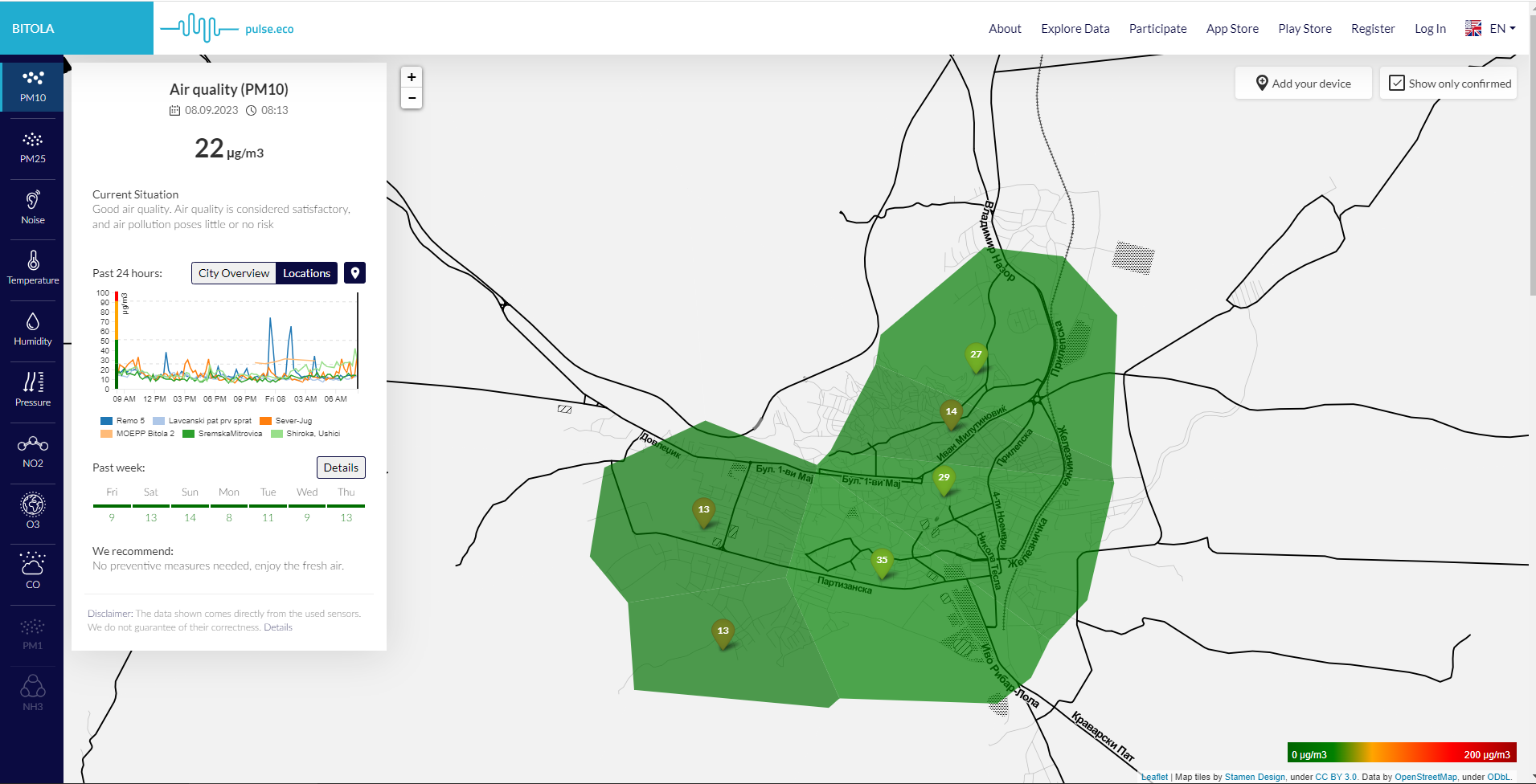 The current situation as shown on the pulse.eco platform for Bitola, Macedonia