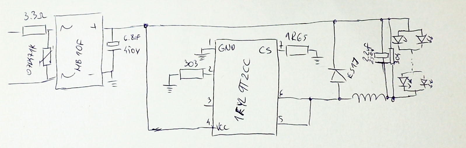 LED Driver circuit for the 1FYL9T2CC chip. The 1.65 Ohm resistor is used for current sensing.