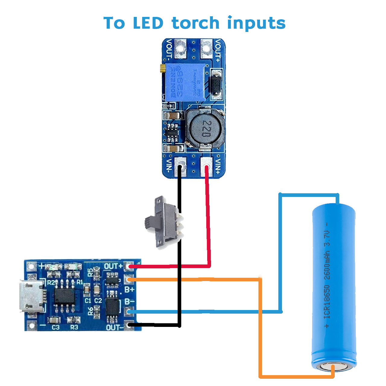 The final schematic with the TP4056 and MT3608 modules